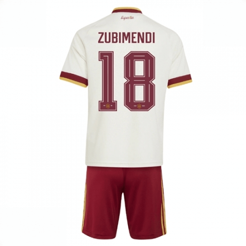 Echipament fotbal Spania Martin Zubimendi #18 Tricou Deplasare Mondial 2026 pentru copii şi pantaloni 1 Echipament fotbal Spania Martin Zubimendi #18 Tricou Deplasare Mondial 2026 pentru copii şi pantaloni