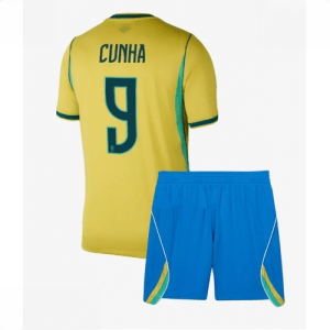 Echipament fotbal Brazilia Matheus Cunha #9 Tricou Acasa Mondial 2026 pentru copii şi pantaloni