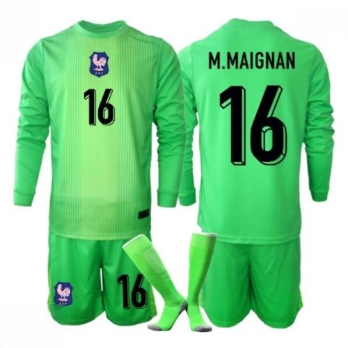 Echipament fotbal Franța Mike Maignan #16 Portar Tricou Deplasare Mondial 2026 pentru copii maneca lunga (+ Pantaloni scurti) 1 Echipament fotbal Franța Mike Maignan #16 Portar Tricou Deplasare Mondial 2026 pentru copii maneca lunga