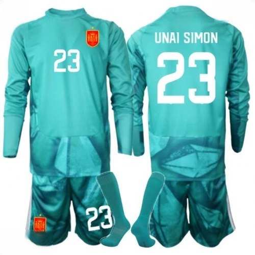 Echipament fotbal Spania Mondial 2026 Unai Simon #23 Portar Tricou Deplasare pentru copii maneca lunga (+ Pantaloni scurti) 1 Echipament fotbal Spania Mondial 2026 Unai Simon #23 Portar Tricou Deplasare pentru copii maneca lunga (+ Pantaloni scurti)